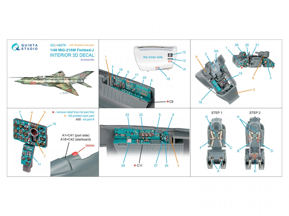 Quinta Studio QD+48576 MiG-21SM Fishbed-J 3D-Printed &amp;amp; coloured Interior on decal paper (Eduard) (with 3D-printed resin parts) 1/48 – Bild 2