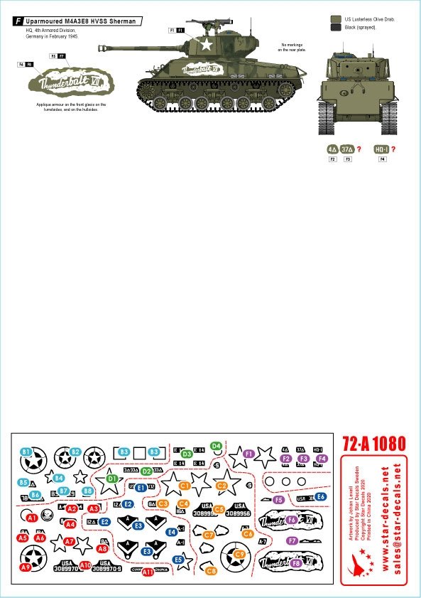 Star Decals 72-A1080 US Armor Mix # 1. US M4A3E8 &amp;#39;Easy Eight&amp;#39; tanks in NV Europe 1944-45 1/72 – immagine 2