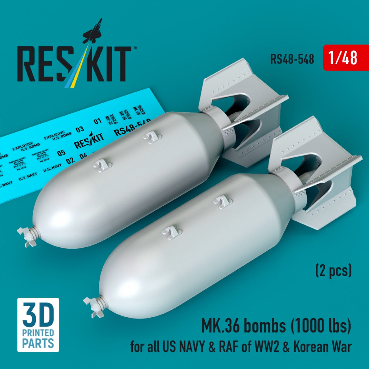RESKIT RS48-0548 MK.36 bombs (2 pcs) (1000 lbs) for all US NAVY & RAF of WW2 & Korean War (3D Printed) 1/48