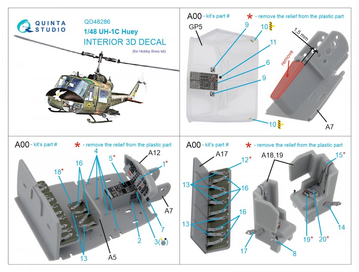 Quinta Studio QD48286 UH-1C 3D-Printed &amp;amp; coloured Interior on decal paper (HobbyBoss) 1/48 – immagine 2