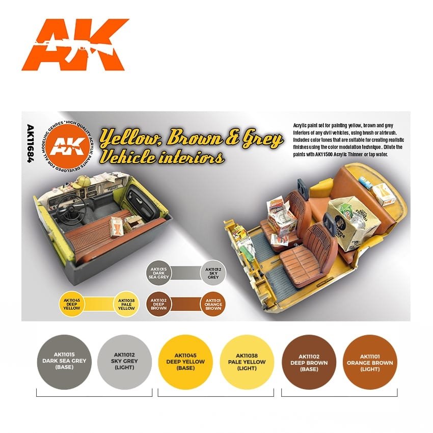 AK Interactive AK11684 3G YELLOW, BROWN &amp;amp; GREY VEHICLE INTERIORS 6x17 ml – imagen 2