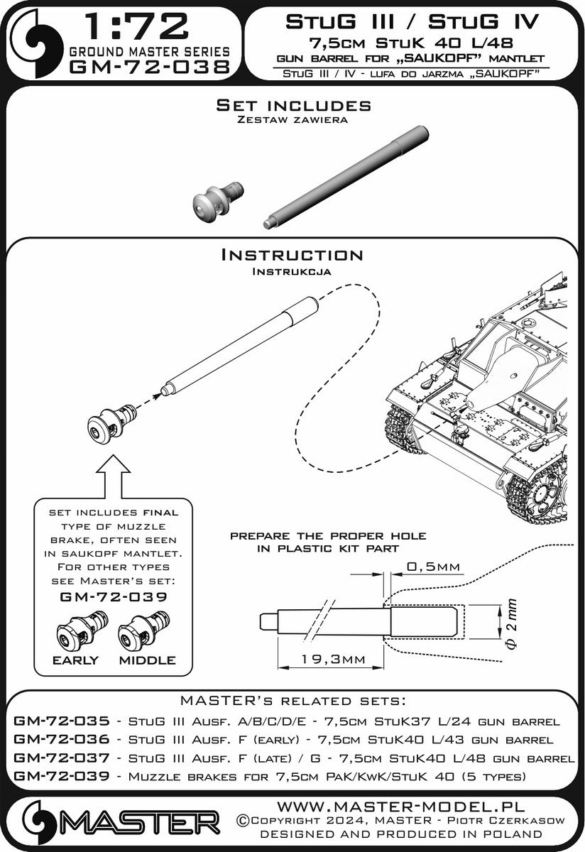 Master GM-72-038 StuG III / StuG IV - 7,5cm StuK 40 L/48 - lufa działa wraz z żywicznym hamulcem wylotowym do osłon jarzma typu &amp;quot;Saukopf&amp;quot; (zestaw nie zawiera osłony) 1/72 – zdjęcie 5
