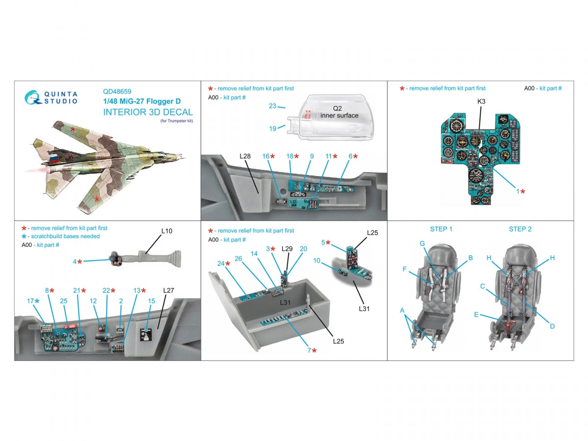 Quinta Studio QD48659 MiG-27 Flogger-D 3D-Printed &amp; coloured Interior on decal paper (Trumpeter) 1/48