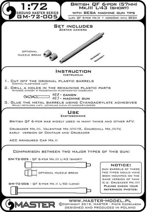 Master GM-72-005 British QF 6-pdr (57mm) - version Mk.III L/43 (short) + Besa MG tips - for Crusader Mk.III, Churchill Mk.III/IV, Valentine Mk.VIII/IX 1/72 – Bild 5