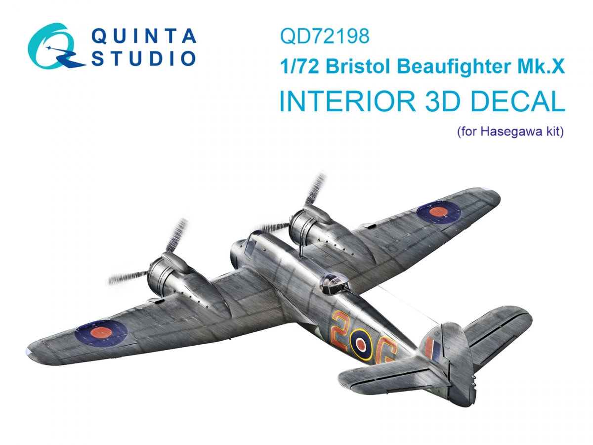 Quinta Studio QD72198 Bristol Beaufighter Mk.X 3D-Printed colored Interior on decal paper (Hasegawa) 1/72