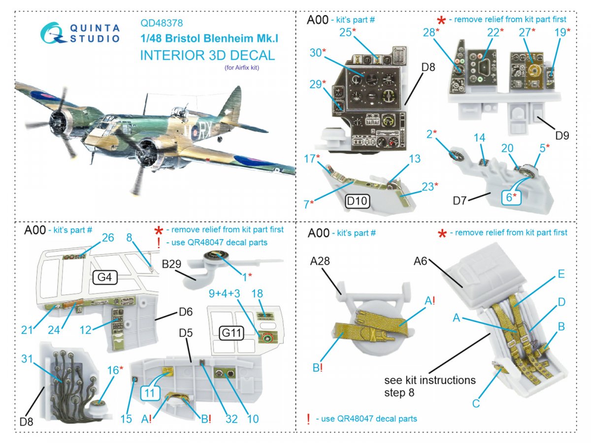 Quinta Studio QD48378 Bristol Blenheim Mk.I 3D-Printed &amp;amp; coloured Interior on decal paper (Airfix) 1/48 – zdjęcie 12