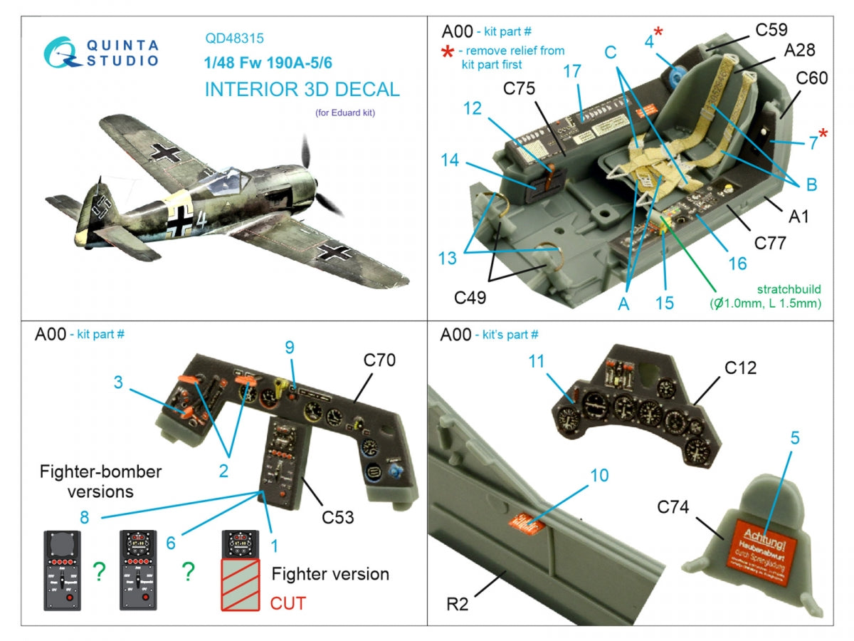 Quinta Studio QD48315 Fw 190A-5/6 3D-Printed &amp;amp; coloured Interior on decal paper (Eduard) 1/48 – Bild 2