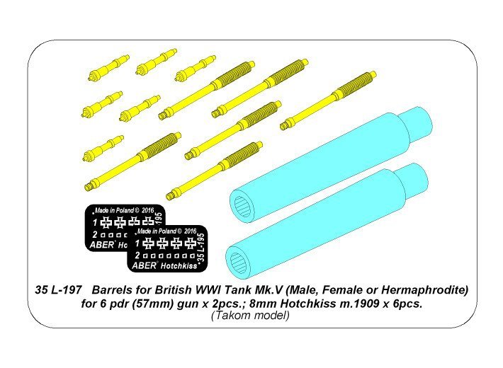 Aber 35L-197 Barrels for British WWI Tank Mk.V (Male, Female or Hermaphrodite) for 6 pdr (57mm) gun x 2pcs. 8mm Hotchkiss m.1909 x 6pcs. 1/35 – immagine 6