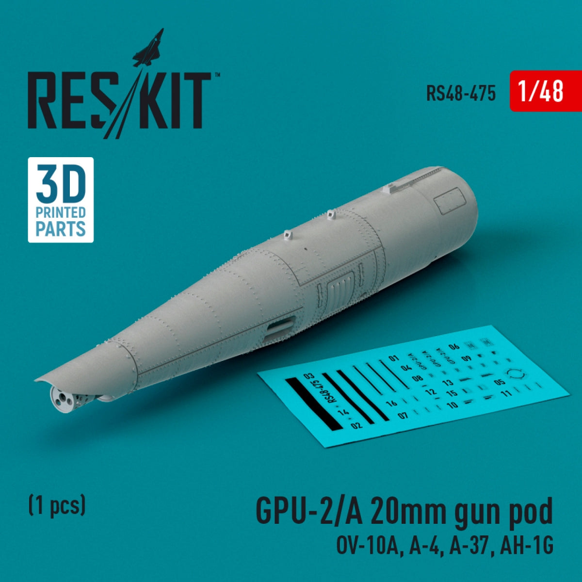 RESKIT RS48-0475 GPU-2/A 20mm gun pod (1 pcs) (3D Printed) 1/48
