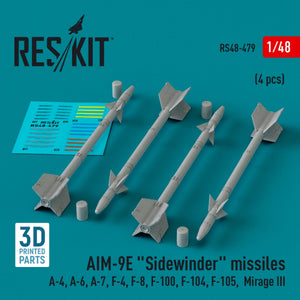 RESKIT RS48-0479 AIM-9E &amp;quot;Sidewinder&amp;quot; missiles (4 pcs) (3D Printed) 1/48