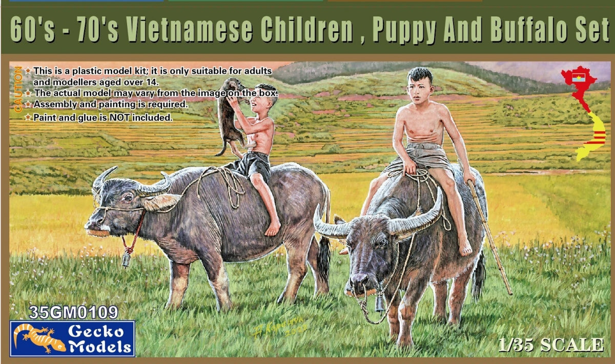Gecko Models 35GM0109 Enfants vietnamiens des années 60-70, chiot et buffle 1/35