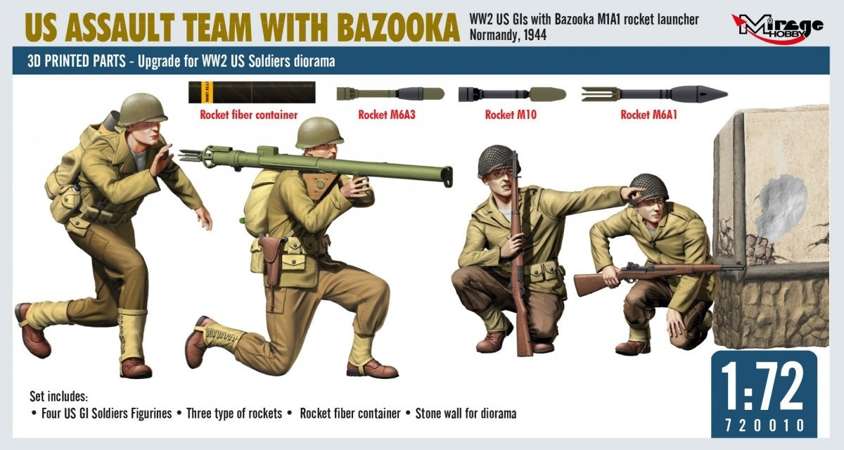 Mirage Hobby 720010 ÉQUIPE D'ASSAUT AMÉRICAINE AVEC BAZOOKA, GI américains de la Seconde Guerre mondiale avec lance-roquettes M1A1, Normandie, 1944, échelle 1/72
