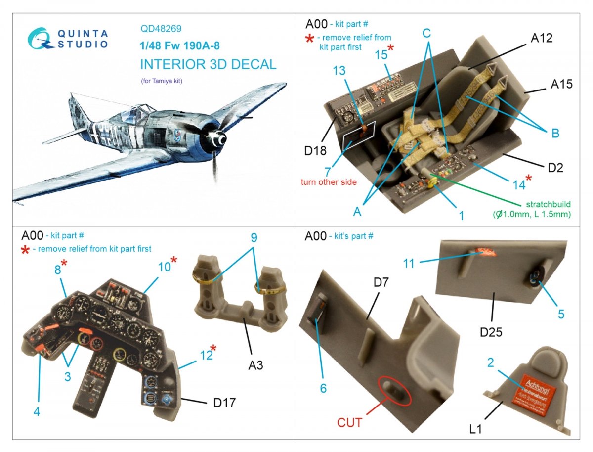 Quinta Studio QD48269 Fw 190A-8 3D-Printed &amp;amp; coloured Interior on decal paper (Tamiya) 1/48 – imagen 5