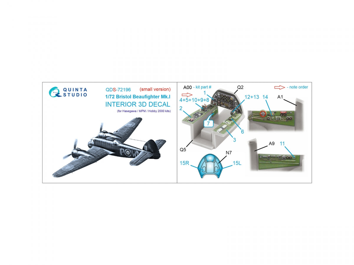 Quinta Studio QDS-72196 Bristol Beaufighter Mk.I 3D-Printed &amp;amp; coloured Interior on decal paper (Hasegawa/MPM/Hobby2000) (small version) 1/72 – Bild 2