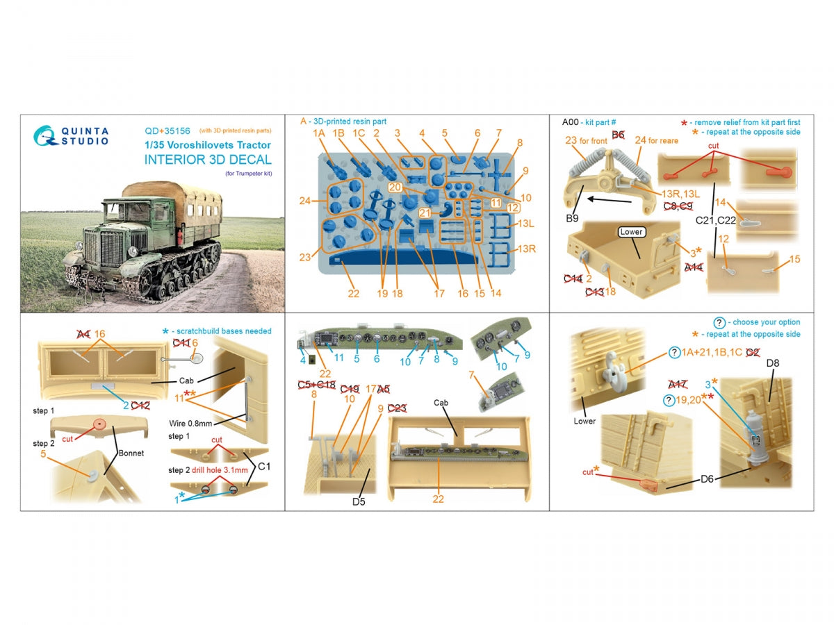 Quinta Studio QD+35156 Voroshilovets Tractor 3D-Printed &amp; coloured Interior on decal paper (Trumpeter) (with 3D-printed resin parts) 1/35
