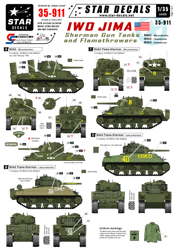 Star Decals 35-911 Chars Sherman à canon et lance-flammes d&amp;#39;Iwo Jima 1/35