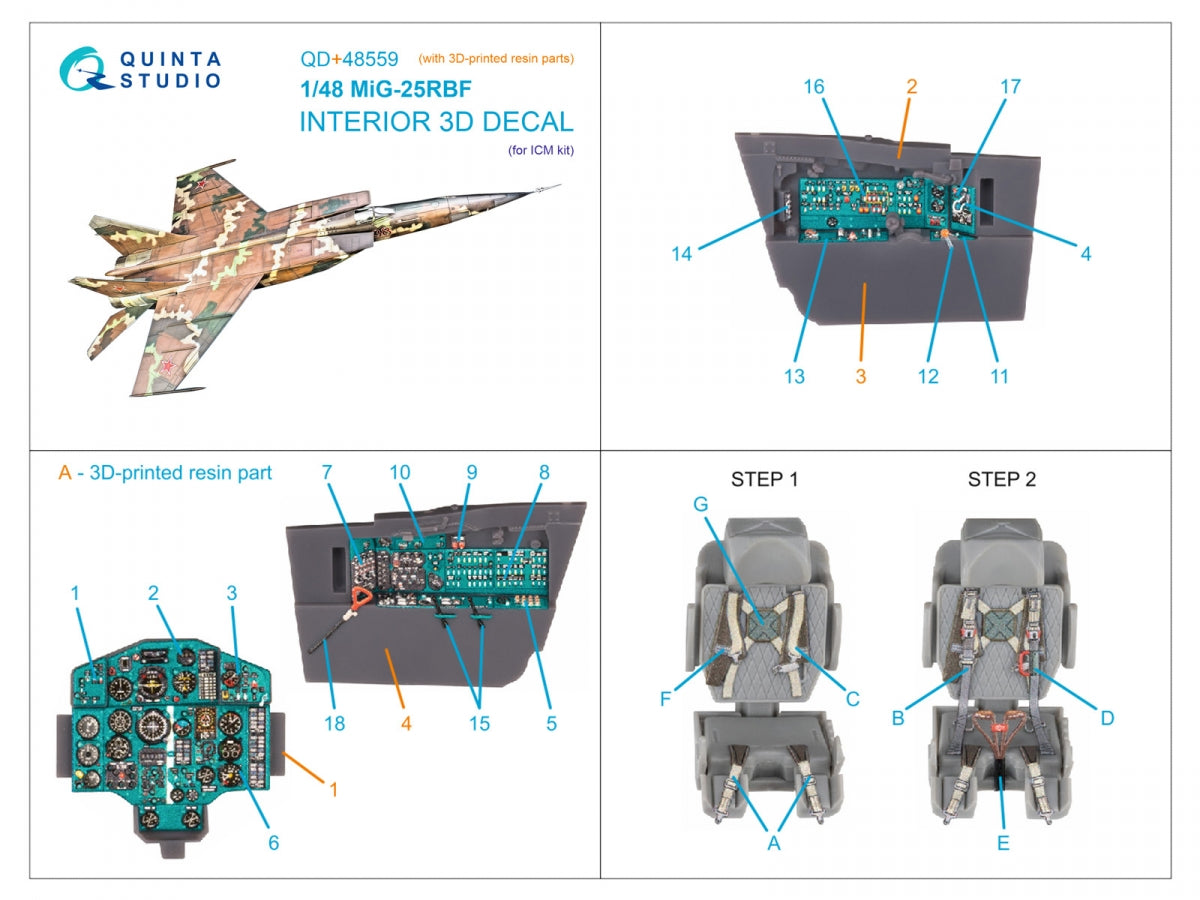 Intérieur imprimé en 3D et coloré sur papier décalcomanie (ICM) pour MiG-25RBF de Quinta Studio QD+48559 (avec pièces en résine imprimées en 3D) à l&amp;#39;échelle 1/48 – image 15