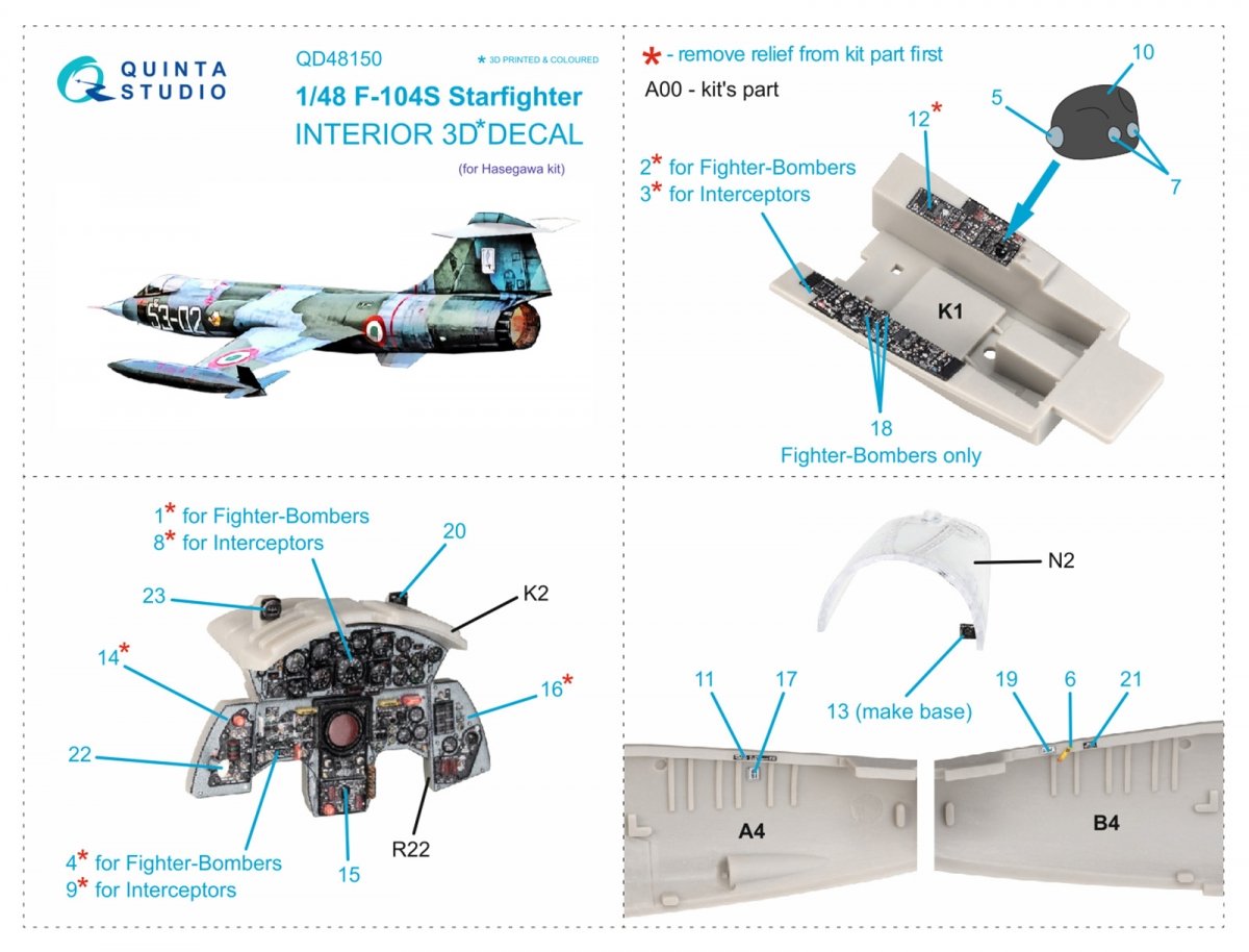 Quinta Studio QD48150 F-104S 3D-Printed &amp;amp; coloured Interior on decal paper (Hasegawa) 1/48 – immagine 5
