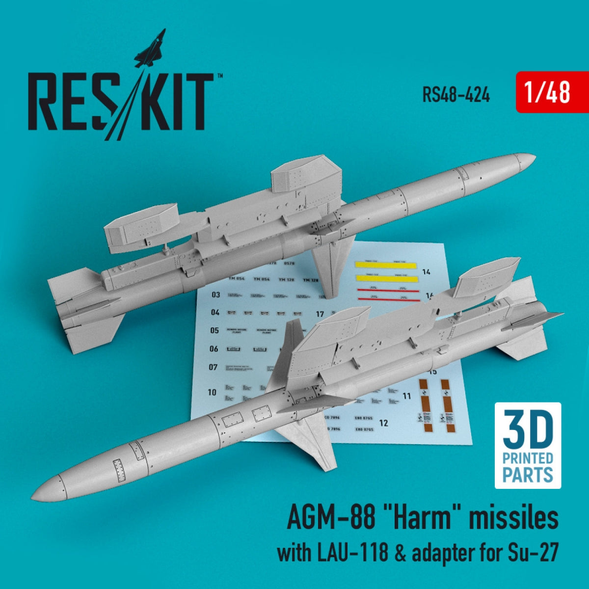 RESKIT RS48-0424 AGM-88 "HARM" MISSILES WITH LAU-118 & ADAPTER FOR SU-27 (2 PCS) 1/48