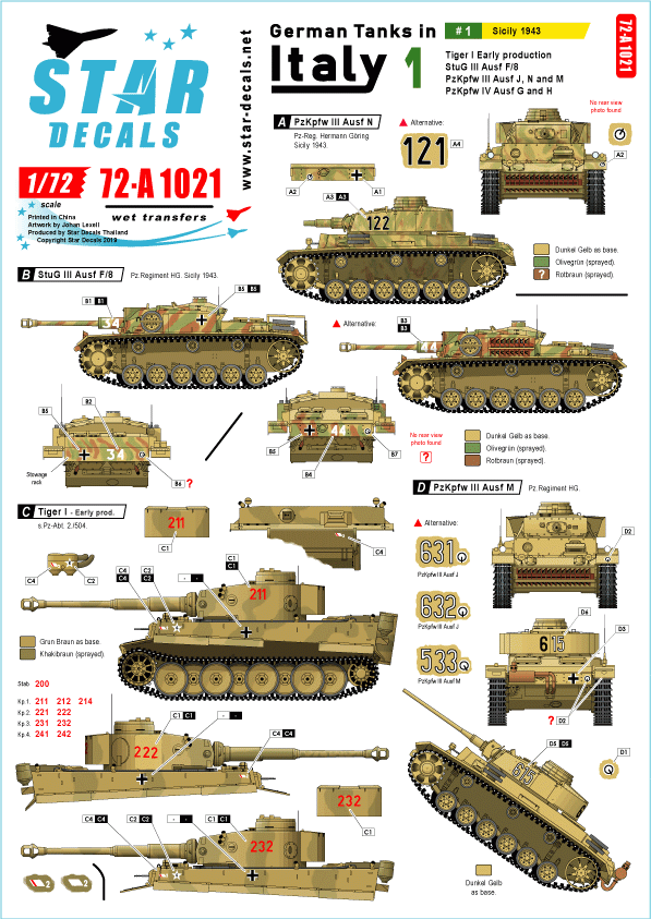 Star Decals 72-A1021 Chars allemands en Italie n° 1. Sicile 1943 1/72