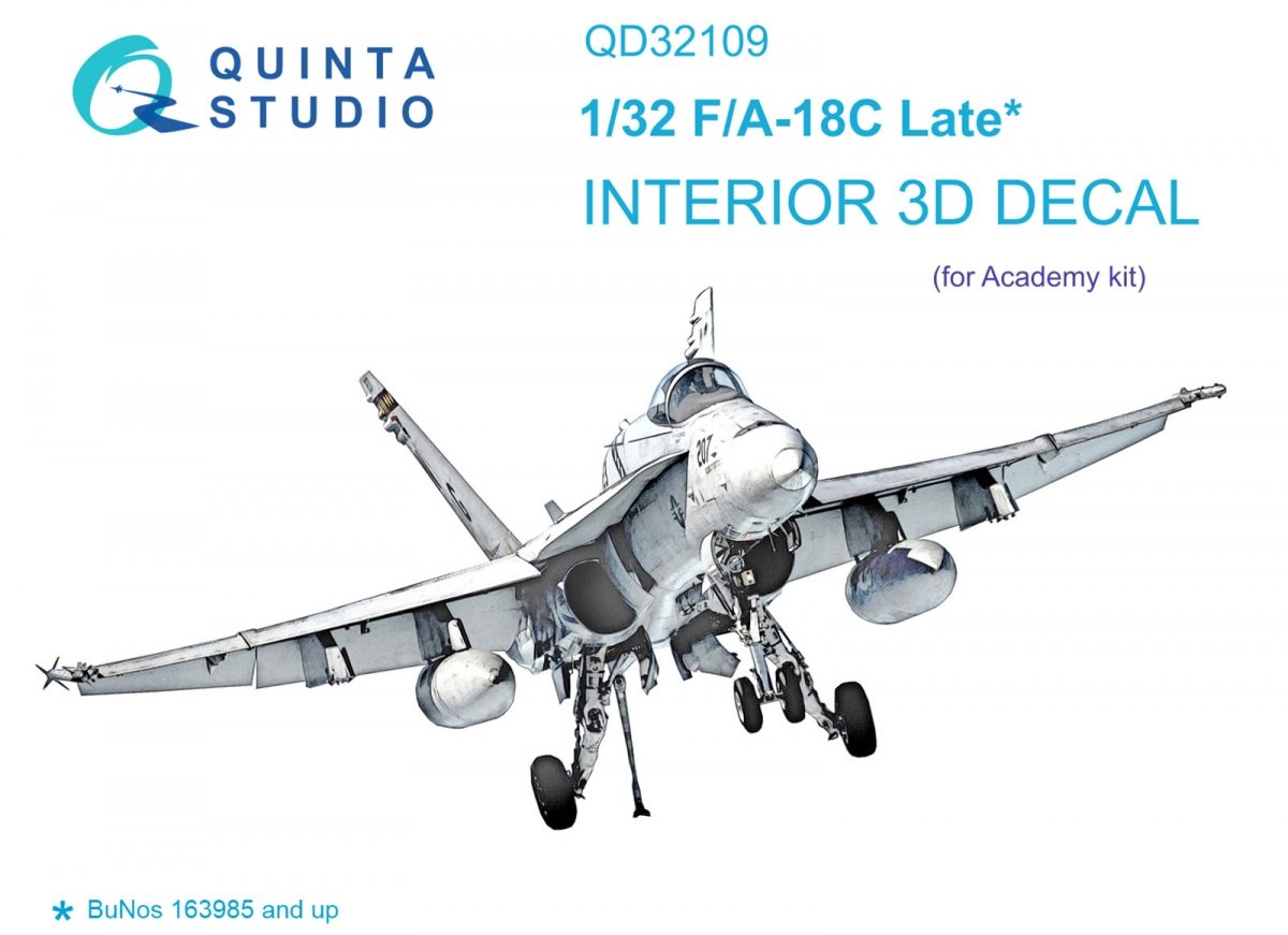 Quinta Studio QD32109 F/A-18C Late 3D-Printed &amp; colored Interior on decal paper (Academy) 1/32