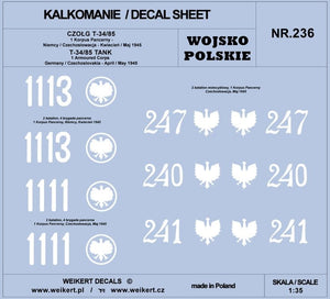Weikert Decals DEC236 WOJSKO POLSKIE - CZOŁG T-34/85 - 1 Korpus Pancerny 1/35