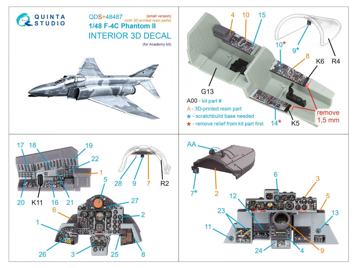 Quinta Studio QDS+48487 F-4C Phantom II 3D-Printed &amp;amp; coloured Interior on decal paper (Academy) (Small version) (with 3D-printed resin parts) 1/48 – immagine 3