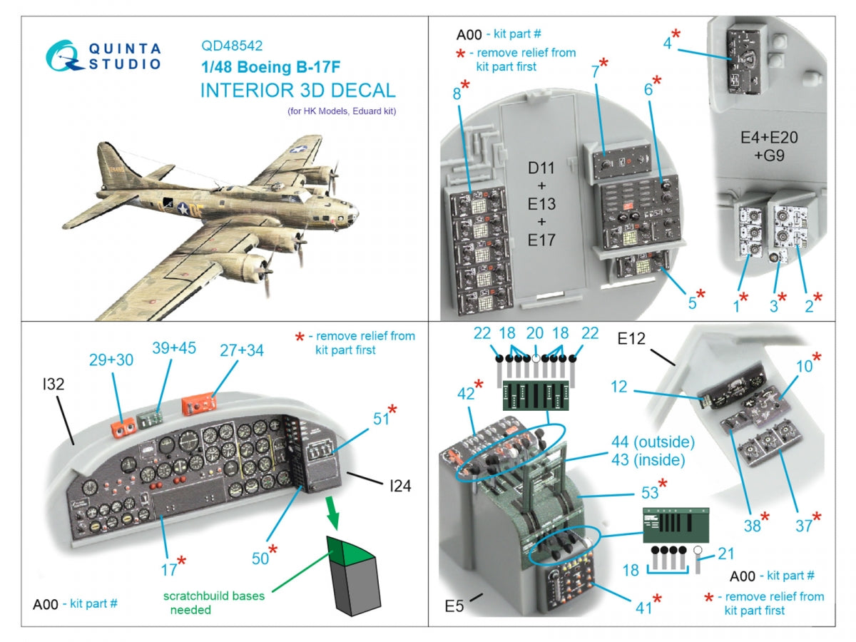 Intérieur imprimé en 3D et coloré sur papier décalcomanie pour Boeing B-17F (modèles HK, Eduard) de Quinta Studio QDS-48542 (petite version) à l&amp;#39;échelle 1/48 – image 3
