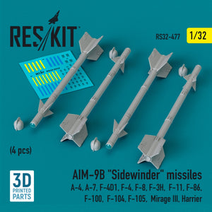 RESKIT RS32-0477 AIM-9B &amp;quot;Sidewinder&amp;quot; missiles (4 pcs) (3D Printed) 1/32