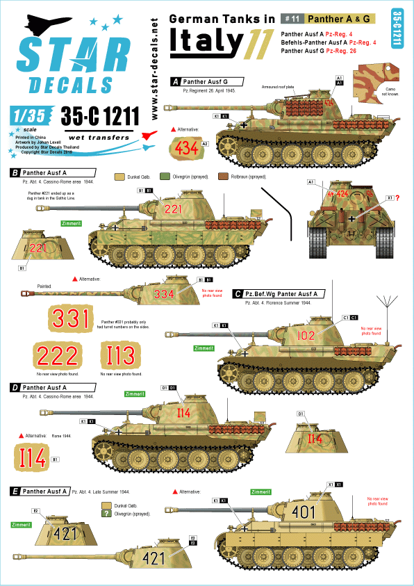 Star Decals 35-C1211 Chars allemands en Italie n° 11 Panther A &amp; G 1/35