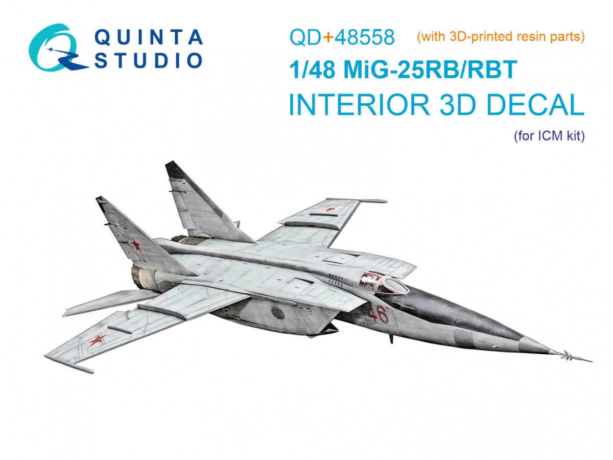 Quinta Studio QD+48558 MiG-25RB/MiG-25RBT 3D-Printed & coloured Interior on decal paper (ICM) (with 3D-printed resin parts) 1/48