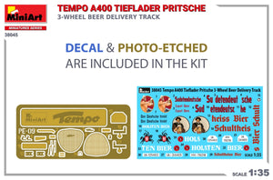 MiniArt 38045 TEMPO A400 TIEFLADER PRITSCHE CAMION DE LIVRAISON DE BIÈRE À 3 ROUES 1/35 – image 2