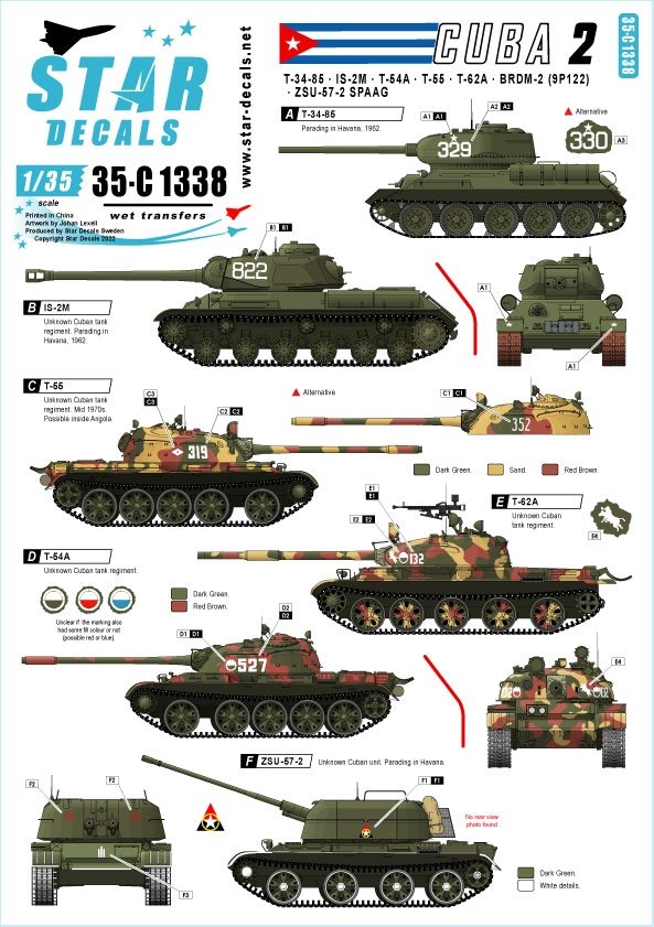 Star Decals 35-C1338 Chars et véhicules blindés à Cuba n° 2. T-34-85, IS-2M, T-54A, T-55, T-62A, ZSU-57-2, BRDM-2 (9P122). Échelle 1/35