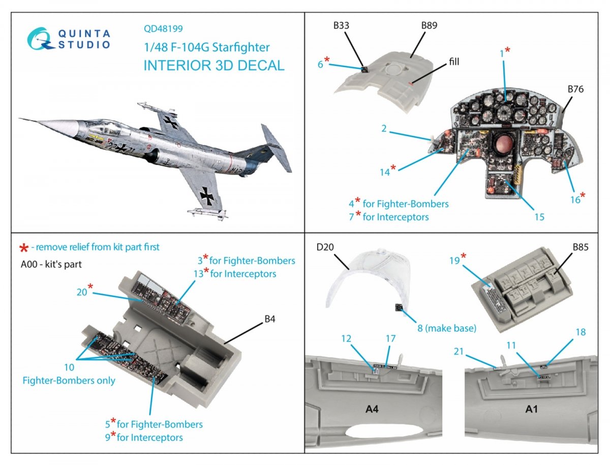 Intérieur imprimé en 3D et coloré sur papier décalcomanie Quinta Studio QD48199 F-104G (Kinetic) 1/48 – image 2