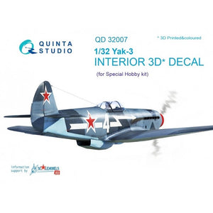 Quinta Studio QD32007 Yak-3 3D-Printed &amp;amp; coloured Interior on decal paper (for Special Hobby kit) 1/32