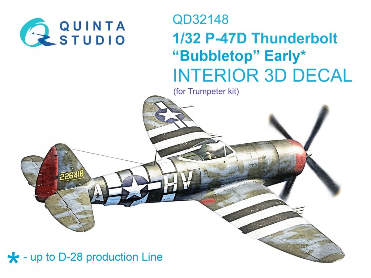Quinta Studio QD32148 P-47D Thunderbolt Bubbletop Early 3D-Printed &amp;amp; coloured Interior on decal paper (Trumpeter) 1/32