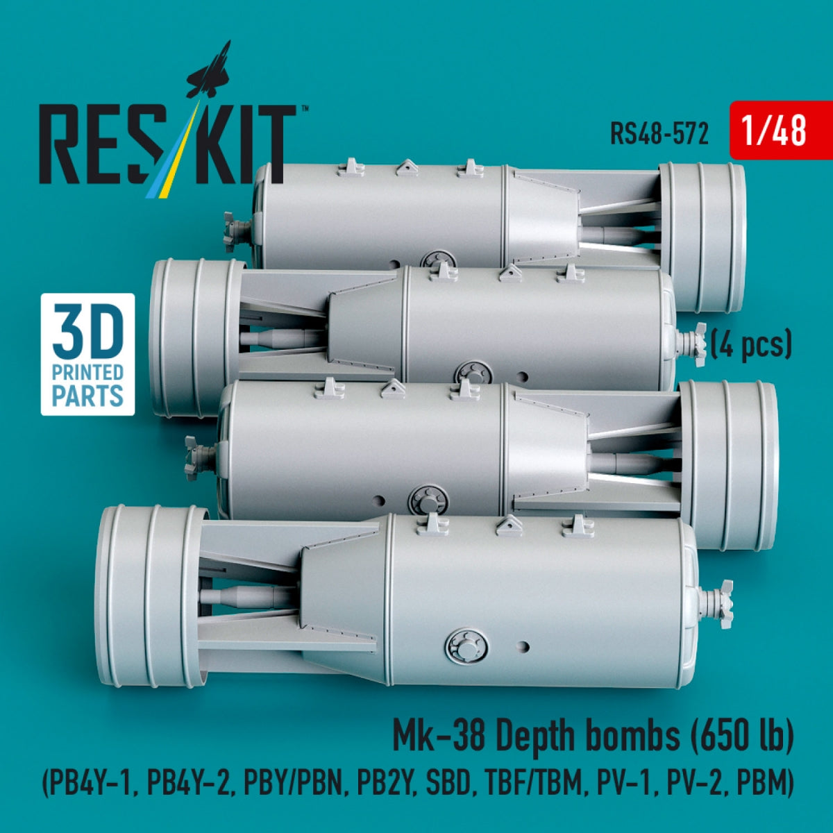 RESKIT RS48-0572 Mk-38 Depth bombs (650 lb) (4 pcs) (PB4Y-1, PB4Y-2, PBY/PBN, PB2Y, SBD, TBF/TBM, PV-1, PV-2, PBM) (3D Printed) 1/48