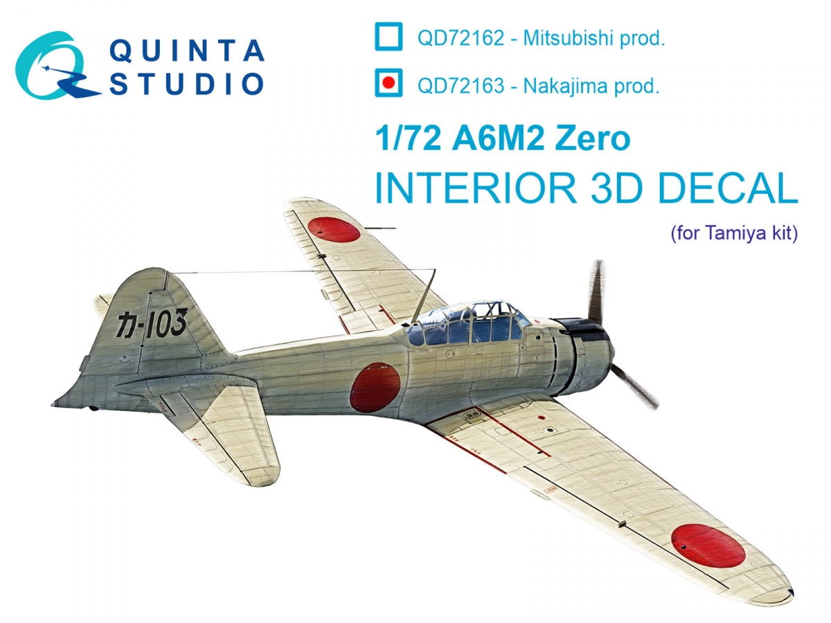 Intérieur coloré imprimé en 3D sur papier décalcomanie (Tamiya) Quinta Studio QD72163 A6M2 Zero (Nakajima Prod.) 1/72