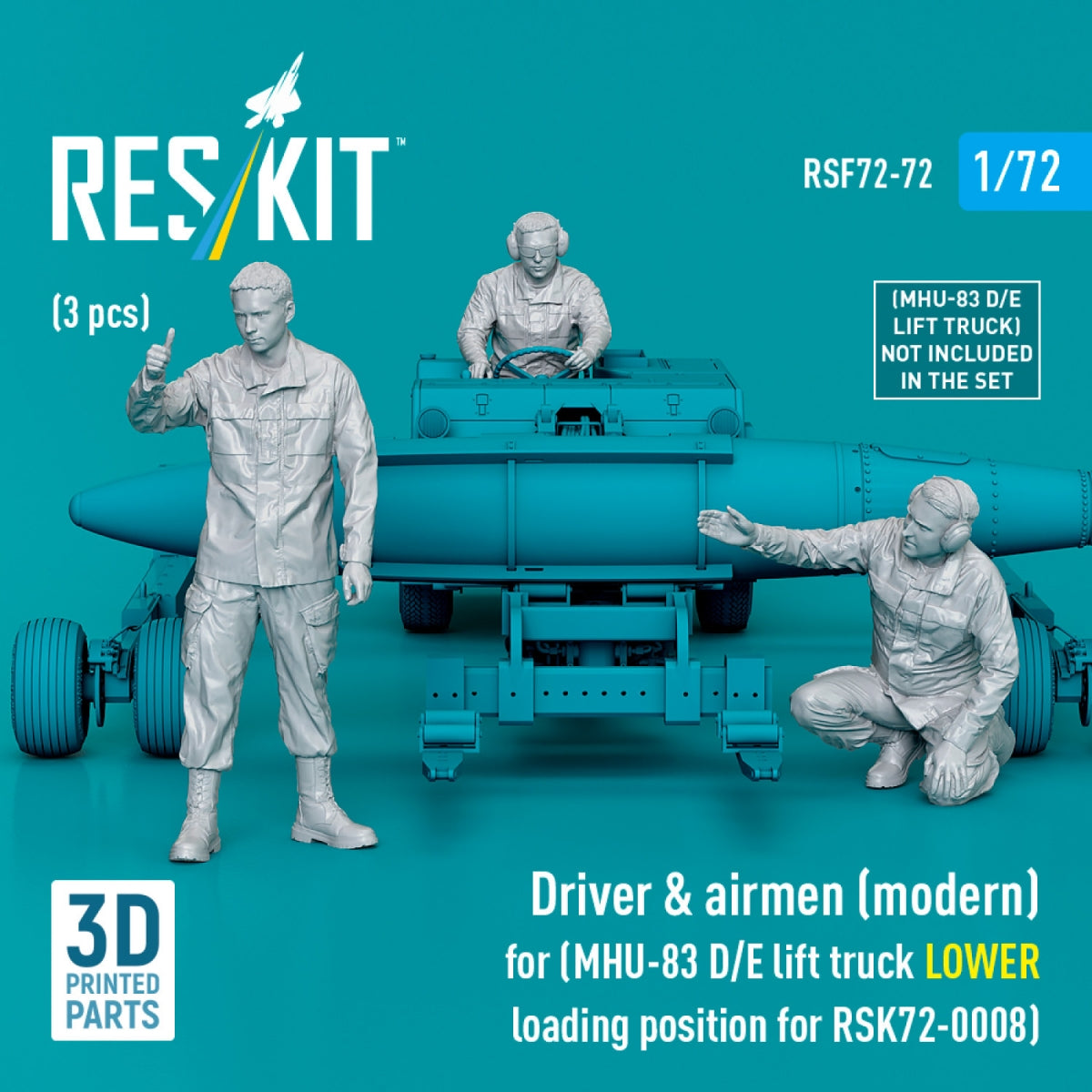 RESKIT RSF72-0072 Driver &amp; airmen (modern) (3 pcs) (MHU-83 D/E lift truck LOWER loading position for RSK72-0008) (3D Printed) 1/72