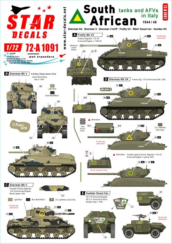 Star Decals 72-A1091 Chars et véhicules blindés sud-africains en Italie : Sherman IIA, Sherman Firefly VC, Sherman V AOP, M3A1 Scout Car, Humber Scout Car. Échelle : 1/72