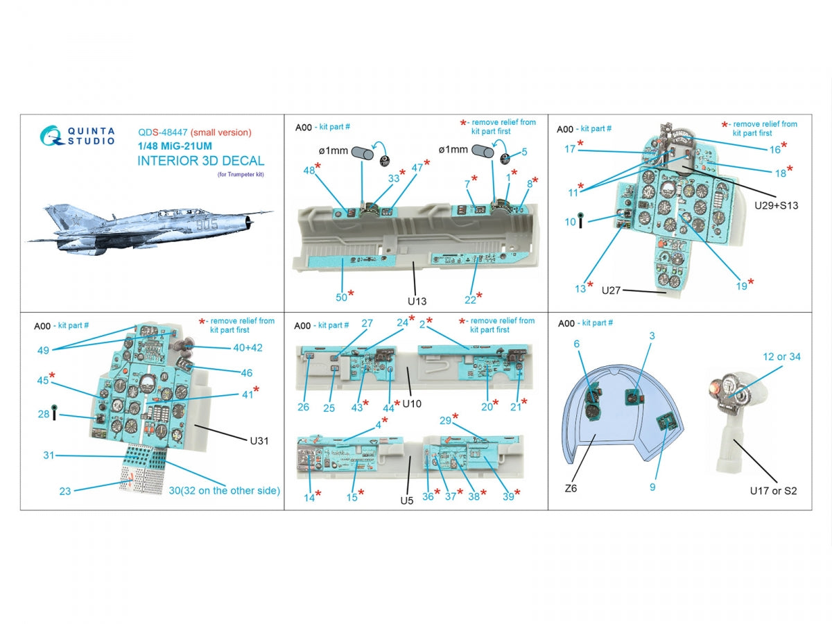 Quinta Studio QDS-48447 MiG-21UM 3D-Printed coloured Interior on decal paper (Trumpeter) (Small version) 1/48 – immagine 2