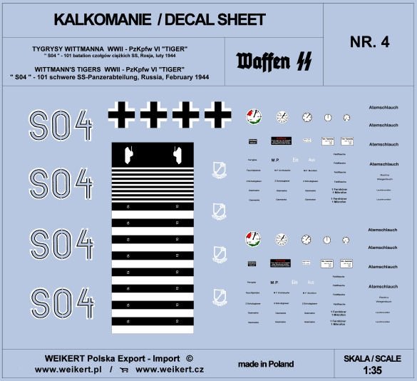Weikert Decals DEC204 TIGER I - tank S04 - 101st SS Heavy Tank Battalion, Russia, February 1944 - vol.4 1/35