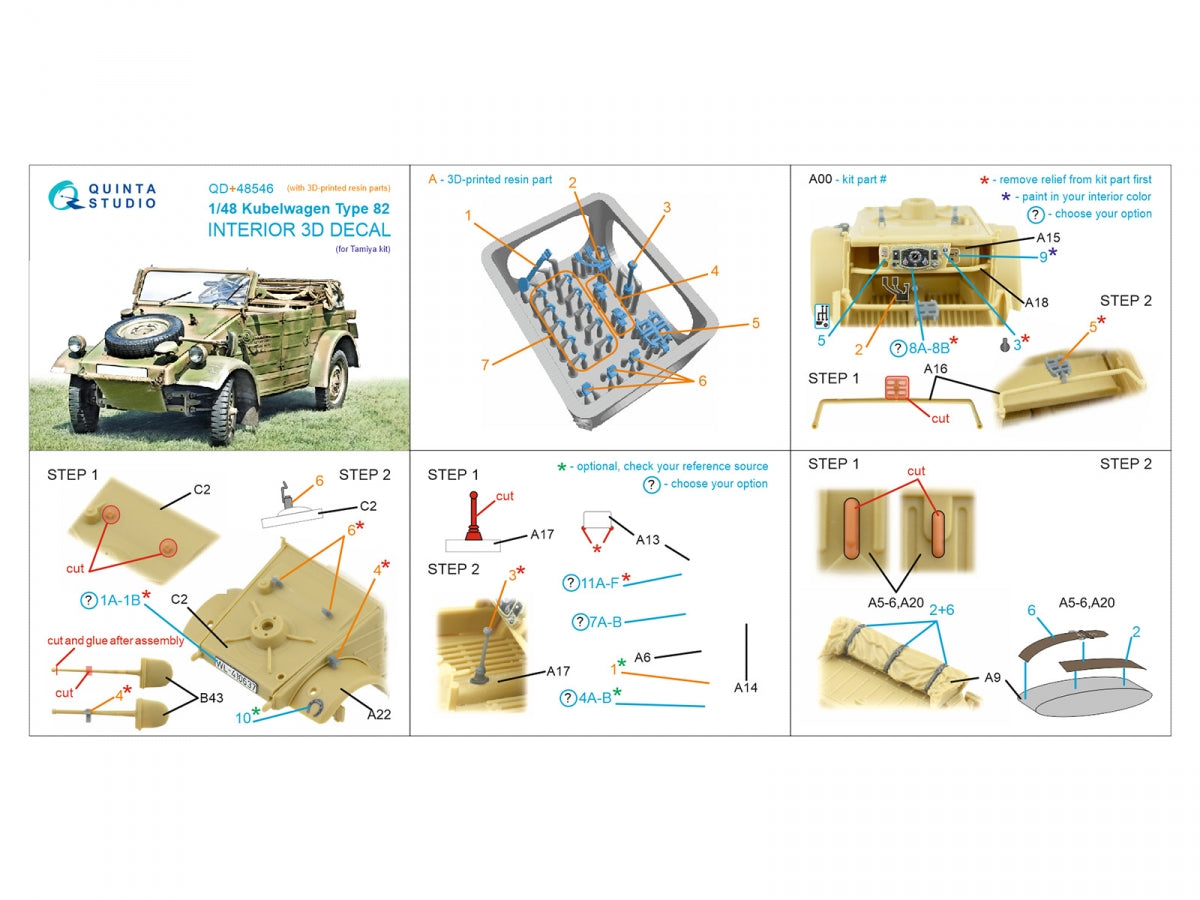 Quinta Studio QD+48546 Kubelwagen Type 82 3D-Printed &amp;amp; coloured Interior on decal paper (Tamiya) (with 3D-printed resin parts) 1/48 – imagen 13