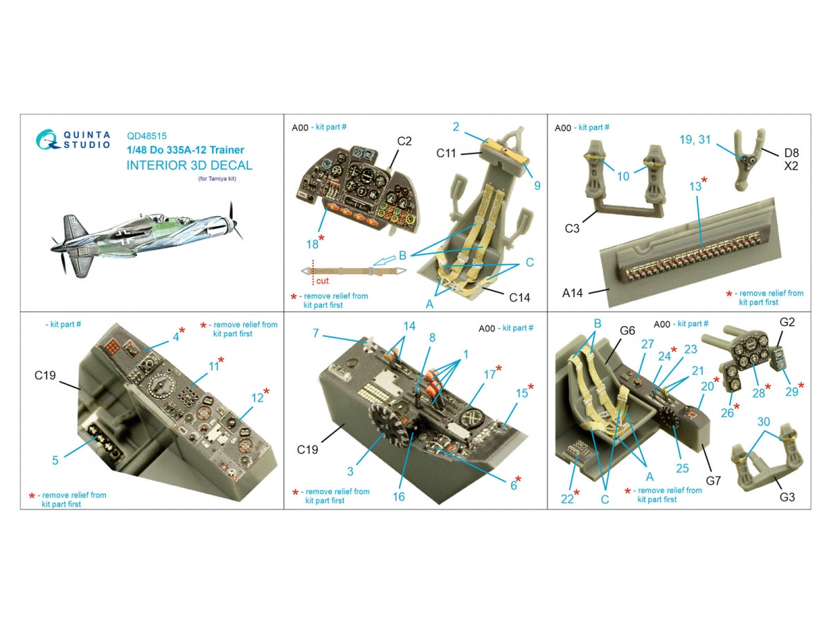 Quinta Studio QD48515 Do 335A-12 Trainer 3D-Printed &amp;amp; colored Interior on decal paper (Tamiya) 1/48 – image 2