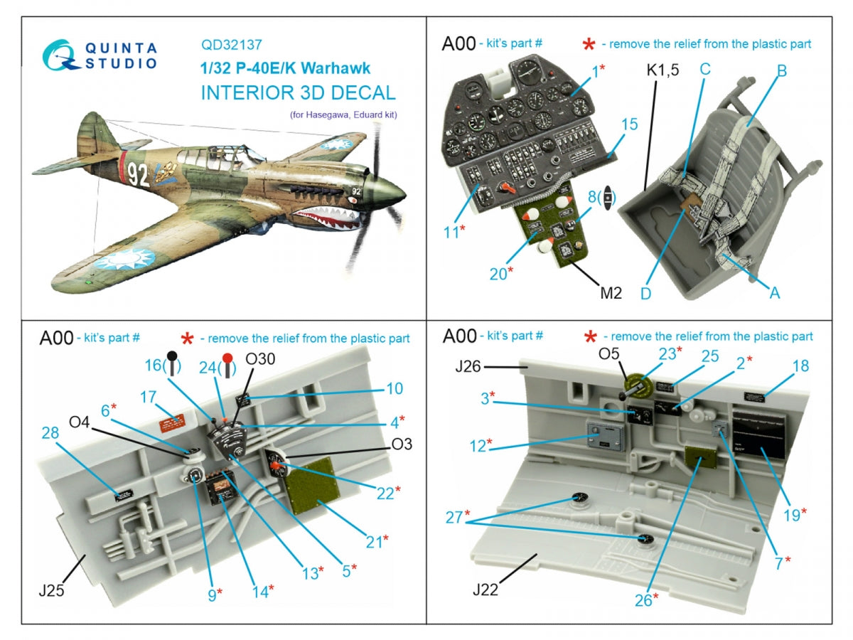 Quinta Studio QD32137 P-40E/K 3D-Printed &amp;amp; coloured Interior on decal paper (Hasegawa) 1/32 – immagine 2