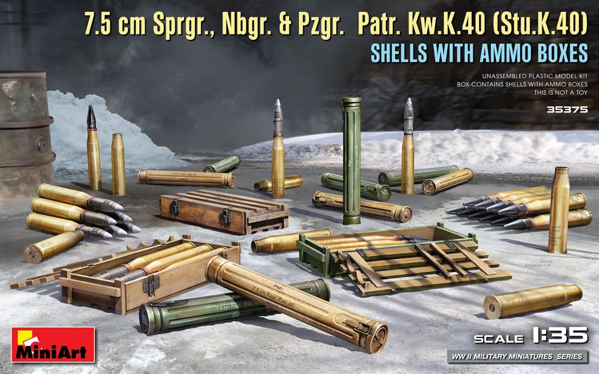 MiniArt 35375 7.5 cm Sprgr., Nbgr. &amp; Pzgr. See Kw.K.40 (Stu.K.40) SHELLS WITH AMMO BOXES 1/35