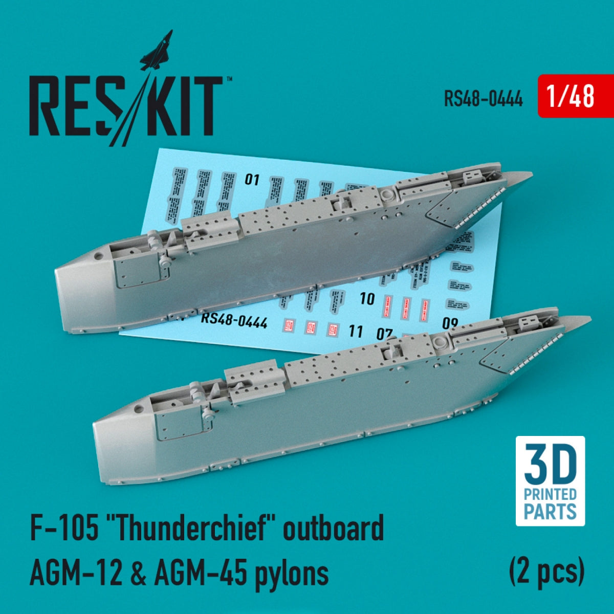 RESKIT RS48-0444 F-105 &amp;quot;THUNDERCHIEF&amp;quot; OUTBOARD AGM-12 &amp;amp; AGM-45 PYLONS (2 PCS) (3D PRINTED) 1/48
