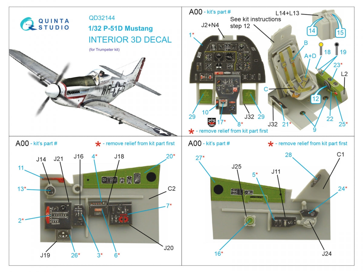 Quinta Studio QD32144 P-51D Mustang 3D-Printed &amp;amp; coloured Interior on decal paper (Trumpeter) 1/32 – imagen 2