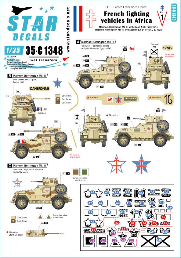 Star Decals 35-C1348 French Fighting Vehicles in Africa 1. FFL - Forces Francaises Libres 1/35