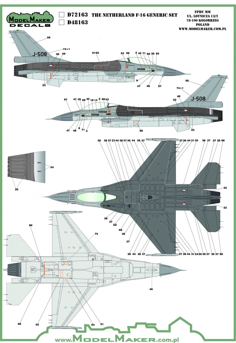 ModelMaker Decals D48163 Netherlands F-16 Insignia's & stencils Generic set 1/48